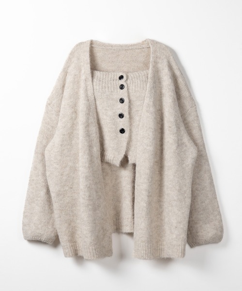 【 ２点セット 】ニットボタンビスチェ ＋ロングカーディガンセット ／ knit button bustier + long cardigan set（アンサンブル）｜me+em select（ミームセレクト）