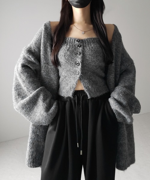 【 ２点セット 】ニットボタンビスチェ ＋ロングカーディガンセット ／ knit button bustier + long cardigan set（アンサンブル）｜me+em select（ミームセレクト）