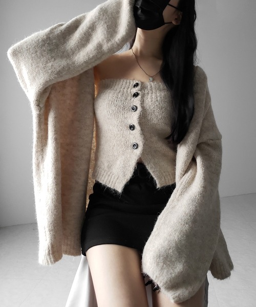 【 ２点セット 】ニットボタンビスチェ ＋ロングカーディガンセット ／ knit button bustier + long cardigan set（アンサンブル）｜me+em select（ミームセレクト）