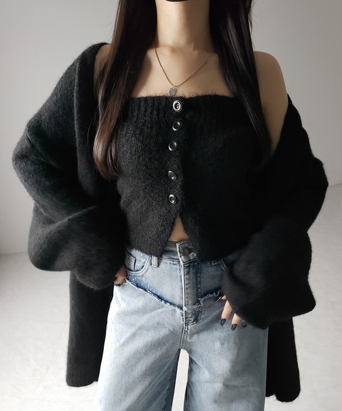 アンサンブル 「 ２点セット 」ニットボタンビスチェ ＋ロングカーディガンセット ／ knit  button bustier + long card セール】【 2点セット 】ニットボタンビスチェ ＋ロング