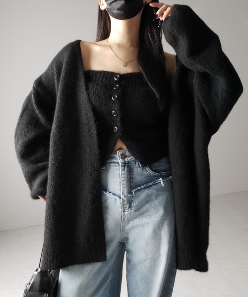 【 ２点セット 】ニットボタンビスチェ ＋ロングカーディガンセット ／ knit button bustier + long cardigan set（アンサンブル）｜me+em select（ミームセレクト）