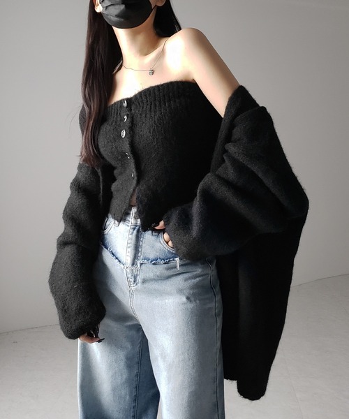 【 ２点セット 】ニットボタンビスチェ ＋ロングカーディガンセット ／ knit button bustier + long cardigan set（アンサンブル）｜me+em select（ミームセレクト）