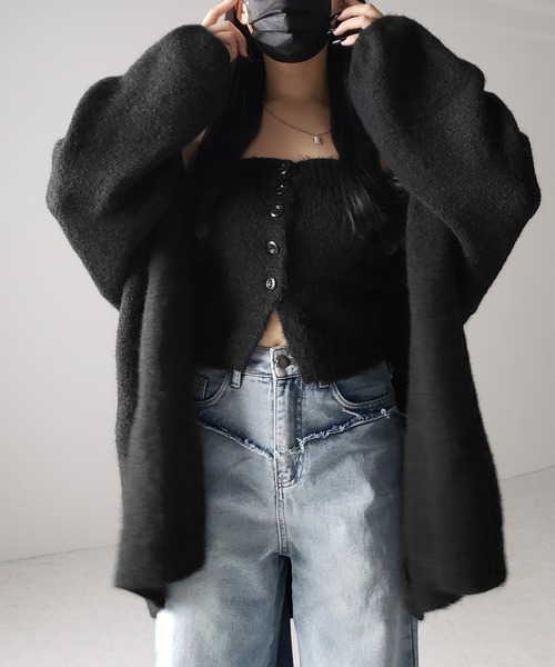 【 ２点セット 】ニットボタンビスチェ ＋ロングカーディガンセット ／ knit button bustier + long cardigan set（アンサンブル）｜me+em select（ミームセレクト）