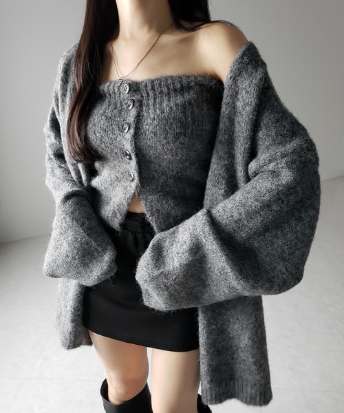 【 ２点セット 】ニットボタンビスチェ ＋ロングカーディガンセット ／ knit button bustier + long cardigan set（アンサンブル）｜me+em select（ミームセレクト）