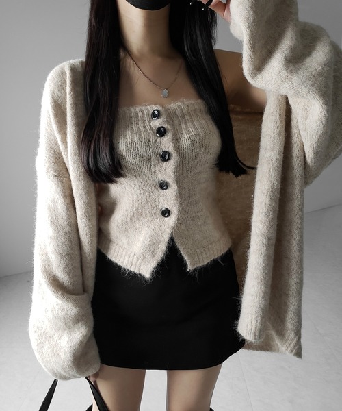 【 ２点セット 】ニットボタンビスチェ ＋ロングカーディガンセット ／ knit button bustier + long cardigan set（アンサンブル）｜me+em select（ミームセレクト）