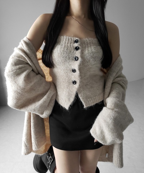 【 ２点セット 】ニットボタンビスチェ ＋ロングカーディガンセット ／ knit button bustier + long cardigan set（アンサンブル）｜me+em select（ミームセレクト）