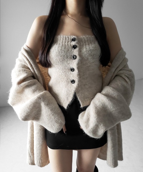 【 ２点セット 】ニットボタンビスチェ ＋ロングカーディガンセット ／ knit button bustier + long cardigan set（アンサンブル）｜me+em select（ミームセレクト）