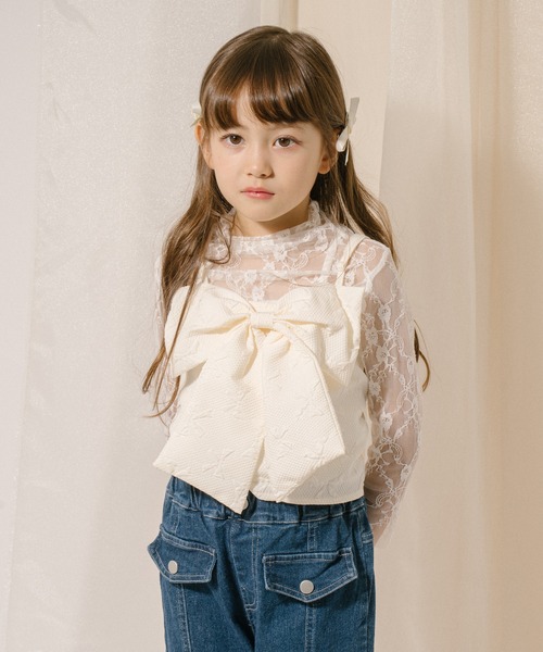 URBAN CHERRY(アーバンチェリー)の「【リボンふくれジャガード】フロントビッグリボンビスチェ(キャミソール・キッズ・アイボリー・110cm/120cm/130cm/140cm/150cm)」の6枚目の写真