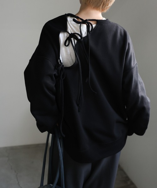 m.u CLASSY RAGLAN SWEAT ベージュ×ブラック バックリボンスウェットトップス（スウェット）｜select MOCA