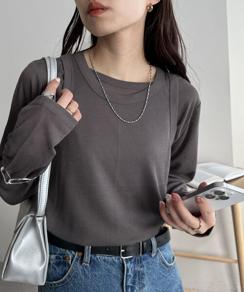DISCOAT(ディスコート)の「【WEB限定】レイヤードプルオーバー(Tシャツ/カットソー・レディース・アイボリー/チャコールグレー/グレー・MEDIUM)」の2枚目の写真