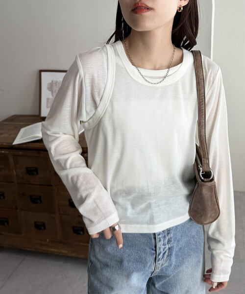 DISCOAT(ディスコート)の「【WEB限定】レイヤードプルオーバー(Tシャツ/カットソー・レディース・アイボリー/チャコールグレー/グレー・MEDIUM)」の6枚目の写真