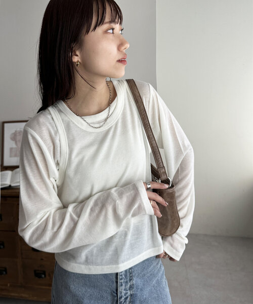 DISCOAT(ディスコート)の「【WEB限定】レイヤードプルオーバー(Tシャツ/カットソー・レディース・アイボリー/チャコールグレー/グレー・MEDIUM)」の7枚目の写真