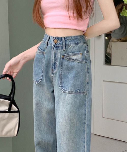 aimoha(アイモハ)の「ヴィンテージ風ウォッシュワイドデニムパンツ(デニムパンツ・レディース・ブルー・LARGE/MEDIUM/SMALL/X-SMALL)」の2枚目の写真