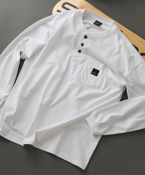 【SAVIER/サビアー】オーバーサイズ ポケット付ヘンリーネックロンT ワンポイント刺繍 ブランドロゴ（Tシャツ/カットソー）｜SAVIER（サビアー）