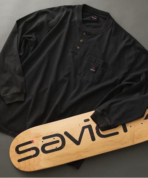 【SAVIER/サビアー】オーバーサイズ ポケット付ヘンリーネックロンT ワンポイント刺繍 ブランドロゴ（Tシャツ/カットソー）｜SAVIER（サビアー）