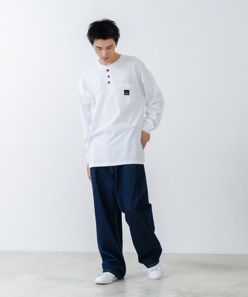 【SAVIER/サビアー】オーバーサイズ ポケット付ヘンリーネックロンT ワンポイント刺繍 ブランドロゴ（Tシャツ/カットソー）｜SAVIER（サビアー）