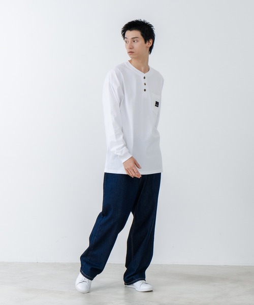 【SAVIER/サビアー】オーバーサイズ ポケット付ヘンリーネックロンT ワンポイント刺繍 ブランドロゴ（Tシャツ/カットソー）｜SAVIER（サビアー）