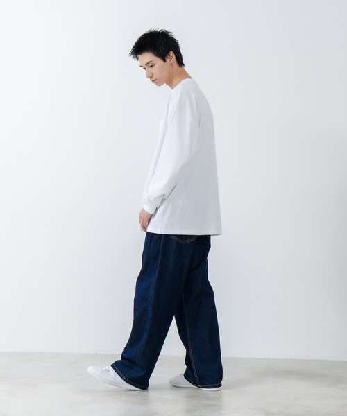 【SAVIER/サビアー】オーバーサイズ ポケット付ヘンリーネックロンT ワンポイント刺繍 ブランドロゴ（Tシャツ/カットソー）｜SAVIER（サビアー）