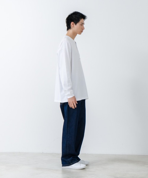 【SAVIER/サビアー】オーバーサイズ ポケット付ヘンリーネックロンT ワンポイント刺繍 ブランドロゴ（Tシャツ/カットソー）｜SAVIER（サビアー）