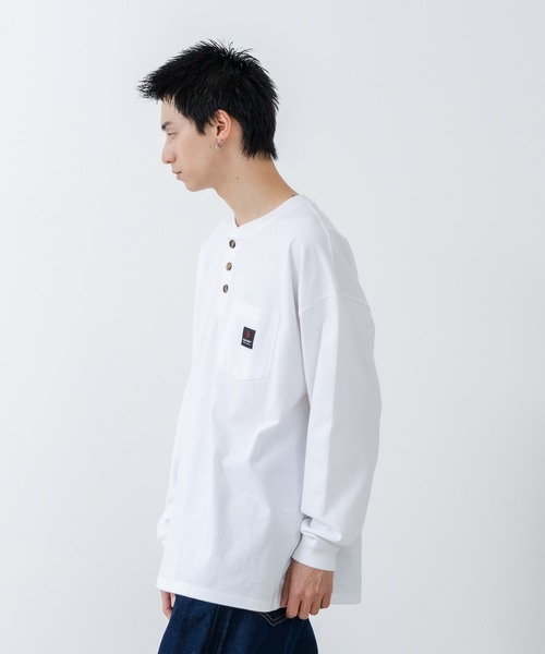 【SAVIER/サビアー】オーバーサイズ ポケット付ヘンリーネックロンT ワンポイント刺繍 ブランドロゴ（Tシャツ/カットソー）｜SAVIER（サビアー）