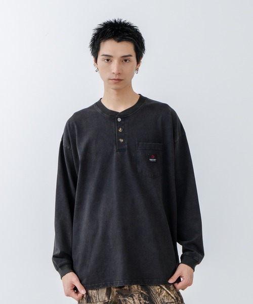 【SAVIER/サビアー】オーバーサイズ ポケット付ヘンリーネックロンT ワンポイント刺繍 ブランドロゴ（Tシャツ/カットソー）｜SAVIER（サビアー）