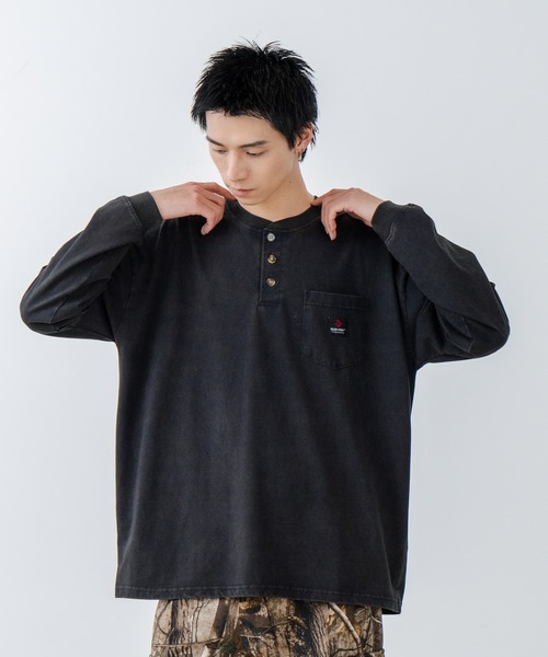 【SAVIER/サビアー】オーバーサイズ ポケット付ヘンリーネックロンT ワンポイント刺繍 ブランドロゴ（Tシャツ/カットソー）｜SAVIER（サビアー）