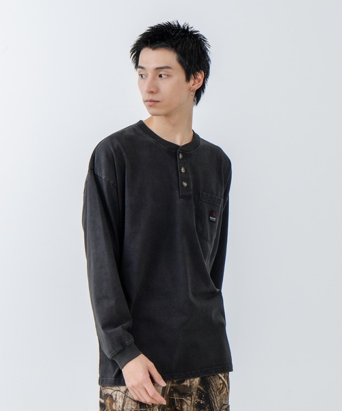 【SAVIER/サビアー】オーバーサイズ ポケット付ヘンリーネックロンT ワンポイント刺繍 ブランドロゴ（Tシャツ/カットソー）｜SAVIER（サビアー）