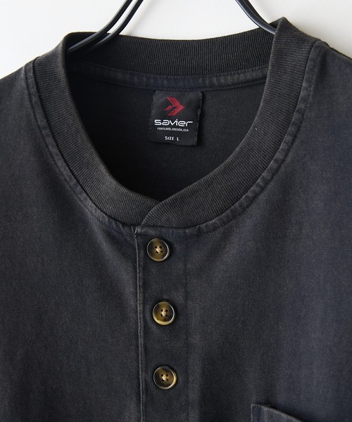 【SAVIER/サビアー】オーバーサイズ ポケット付ヘンリーネックロンT ワンポイント刺繍 ブランドロゴ（Tシャツ/カットソー）｜SAVIER（サビアー）