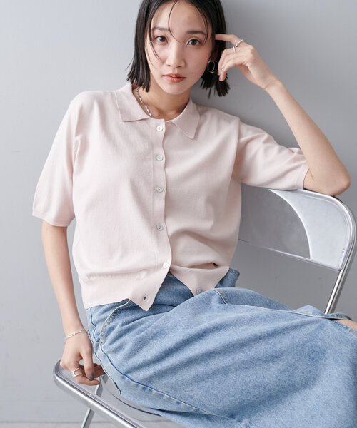 DISCOAT(ディスコート)の「サラモチ衿付き半袖カーディガン《WEB限定カラーあり》(カーディガン/ボレロ・レディース・チャコールグレー/オフホワイト/ブラック/ライム/ピンク/ネイビー・FREE)」の6枚目の写真