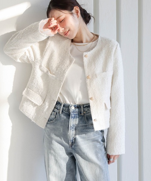 SUGAR BISKET(シュガービスケット)の「ノーカラーツイードジャケット(ノーカラージャケット・レディース・ブラック/オフホワイト・フリー)」の12枚目の写真