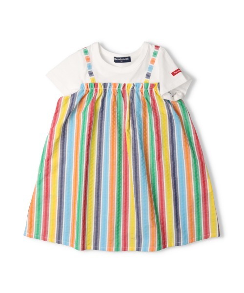 Moujonjon（ムージョンジョン）の「レインボーストライプレイヤード風半袖ワンピース（ワンピース・キッズ・ホワイト・80/90/100/110/120/130/140）」の2枚目の写真