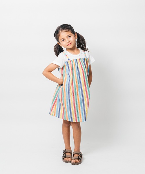 Moujonjon（ムージョンジョン）の「レインボーストライプレイヤード風半袖ワンピース（ワンピース・キッズ・ホワイト・80/90/100/110/120/130/140）」の8枚目の写真
