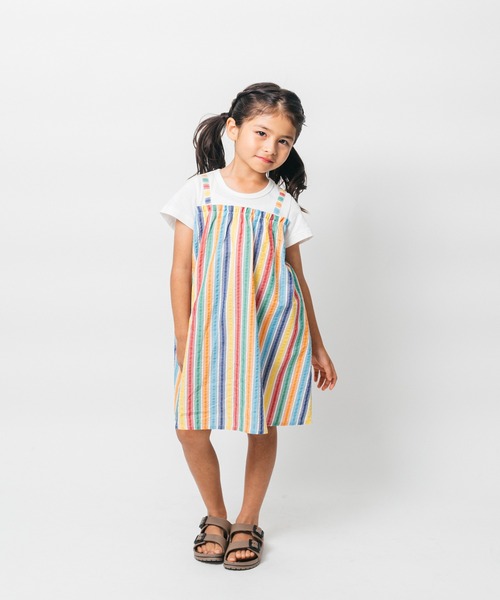 Moujonjon（ムージョンジョン）の「レインボーストライプレイヤード風半袖ワンピース（ワンピース・キッズ・ホワイト・80/90/100/110/120/130/140）」の9枚目の写真
