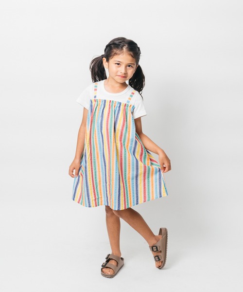 Moujonjon（ムージョンジョン）の「レインボーストライプレイヤード風半袖ワンピース（ワンピース・キッズ・ホワイト・80/90/100/110/120/130/140）」の10枚目の写真