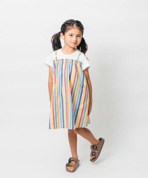 Moujonjon（ムージョンジョン）の「レインボーストライプレイヤード風半袖ワンピース（ワンピース・キッズ・ホワイト・80/90/100/110/120/130/140）」の11枚目の写真