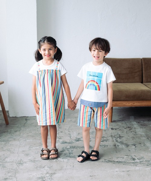 Moujonjon（ムージョンジョン）の「レインボーストライプレイヤード風半袖ワンピース（ワンピース・キッズ・ホワイト・80/90/100/110/120/130/140）」の14枚目の写真
