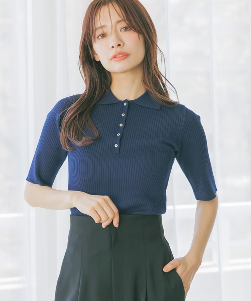 mysty woman（ミスティウーマン）の「サマーニットポロ  452410（ニット/セーター・レディース・ホワイト系その他/グリーン/ネイビー・FREE）」の3枚目の写真