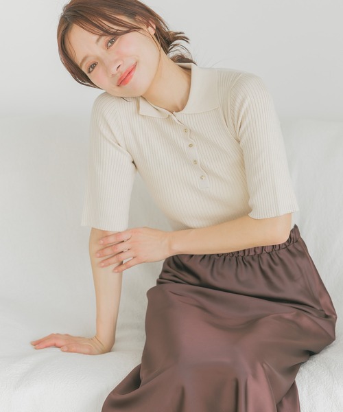 mysty woman（ミスティウーマン）の「サマーニットポロ  452410（ニット/セーター・レディース・ホワイト系その他/グリーン/ネイビー・FREE）」の5枚目の写真