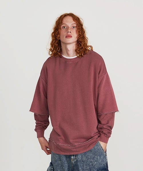 Revo.(レボ)の「Revo. オーバーサイズ ピグメント加工 フェイクレイヤード スウェット プルーバー(スウェット・メンズ・ブラック/ネイビー/ラベンダー・2/1)」の9枚目の写真