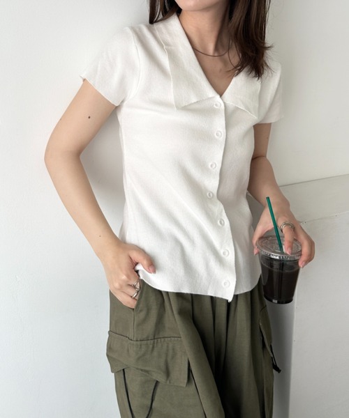 セール】フロントボタンコンパクトトップス（Tシャツ/カットソー