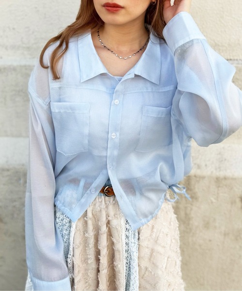 DOUBLE NAME（ダブルネーム）の「ダブルポケットショートシアーシャツ（シャツ/ブラウス・レディース・ブラック/ブルー/シルバー・FREE）」の3枚目の写真