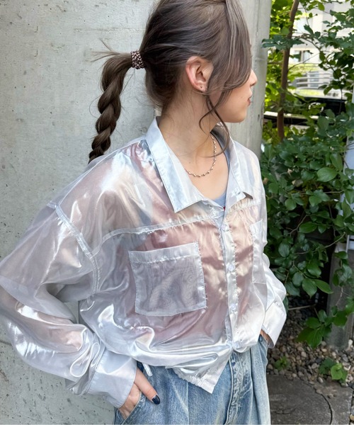 DOUBLE NAME（ダブルネーム）の「ダブルポケットショートシアーシャツ（シャツ/ブラウス・レディース・ブラック/ブルー/シルバー・FREE）」の10枚目の写真