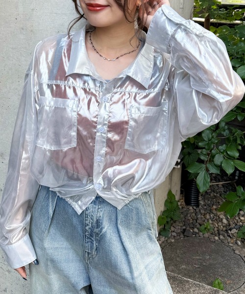 DOUBLE NAME（ダブルネーム）の「ダブルポケットショートシアーシャツ（シャツ/ブラウス・レディース・ブラック/ブルー/シルバー・FREE）」の12枚目の写真