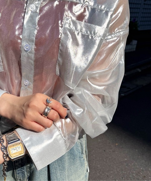 DOUBLE NAME（ダブルネーム）の「ダブルポケットショートシアーシャツ（シャツ/ブラウス・レディース・ブラック/ブルー/シルバー・FREE）」の13枚目の写真