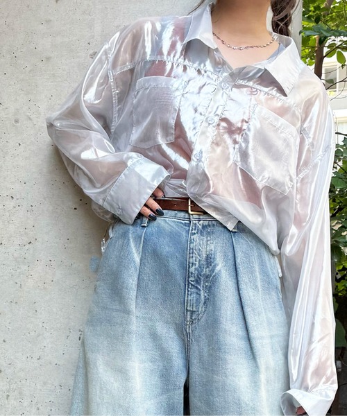 DOUBLE NAME（ダブルネーム）の「ダブルポケットショートシアーシャツ（シャツ/ブラウス・レディース・ブラック/ブルー/シルバー・FREE）」の14枚目の写真