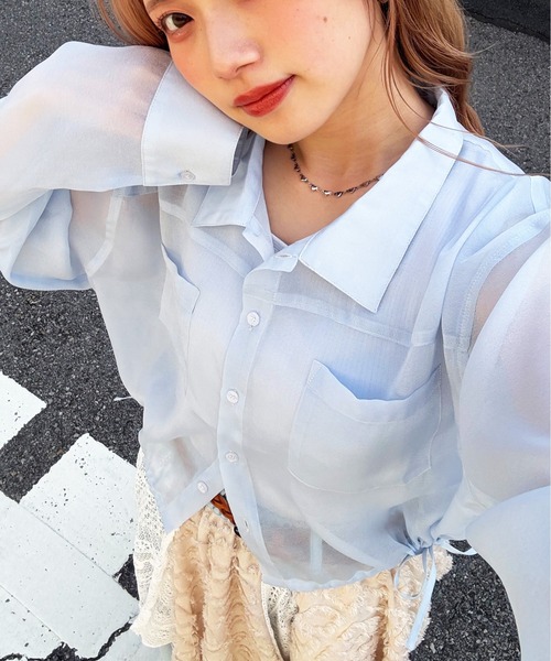 DOUBLE NAME（ダブルネーム）の「ダブルポケットショートシアーシャツ（シャツ/ブラウス・レディース・ブラック/ブルー/シルバー・FREE）」の19枚目の写真