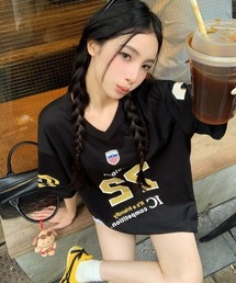 DEVICE（デバイス）の「ナンバリング ユニフォーム 韓国 ストリート y2k 古着風 半袖 Tシャツ Vネック オーバーサイズ ゲームシャツ（Tシャツ/カットソー）」