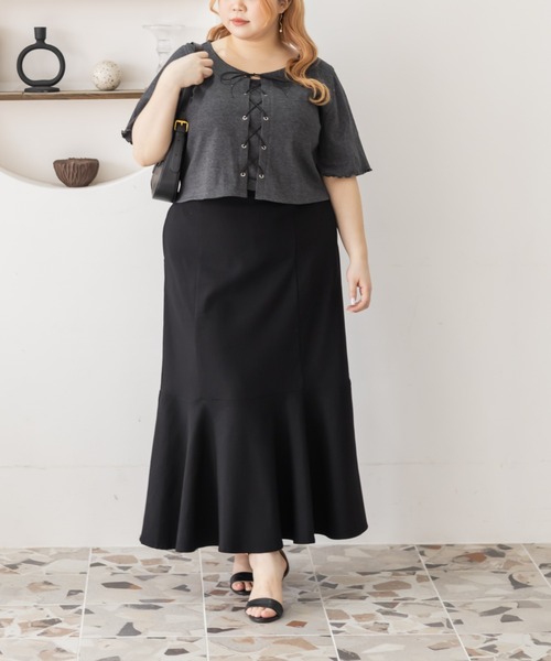 CLETTE(クレット)の「半袖レースアップリブプルオーバー(Tシャツ/カットソー・レディース・チャコールグレー/グレイッシュベージュ/ライトグレー・4L/3L/LL)」の22枚目の写真