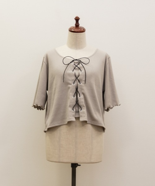 CLETTE(クレット)の「半袖レースアップリブプルオーバー(Tシャツ/カットソー・レディース・チャコールグレー/グレイッシュベージュ/ライトグレー・4L/3L/LL)」の12枚目の写真