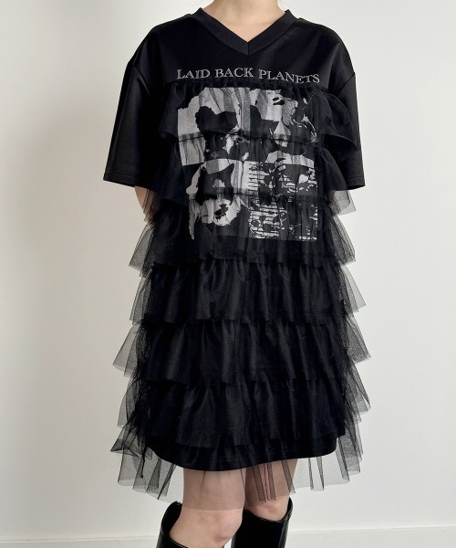NANAHACHI(ナナハチ)の「チュールティアードフリル チュニック Tシャツ 半袖(Tシャツ/カットソー・レディース・ブラック/ホワイト/ベージュ・FREE)」の3枚目の写真